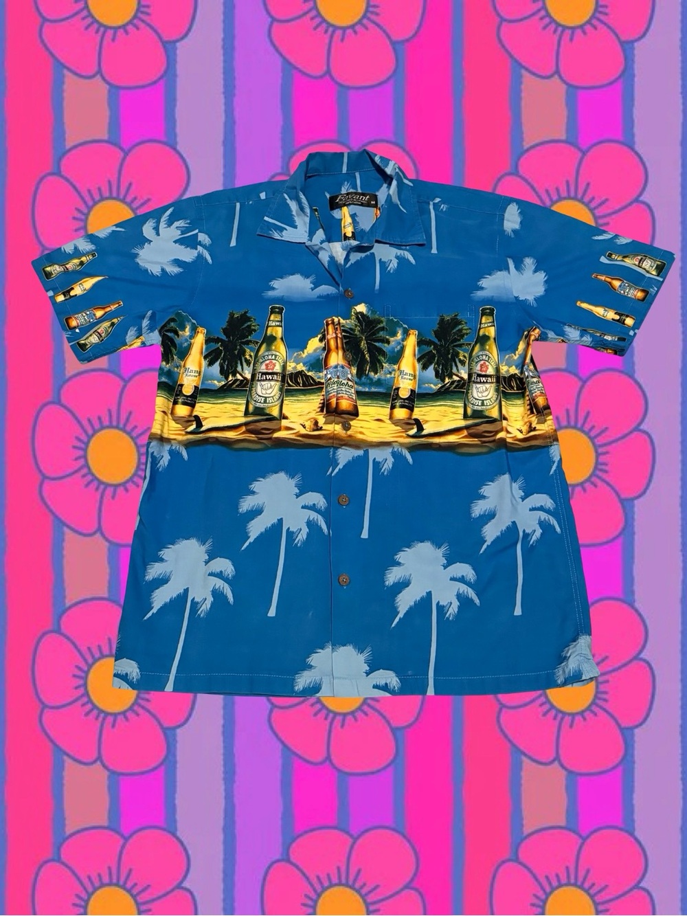 Vintage Blue Hawaiian Palm & Bottle Print Button-Down Shirt